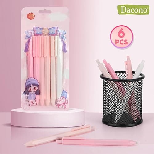 Dacono Aesthetic Ballpoint Pens - Macaron Pink Pastel Roller Ball Pens, 0.5mm Retractable Gel Ink Pens | Black Ink | Cute Ball Point Pen - Pack of 6 thumbnail 2