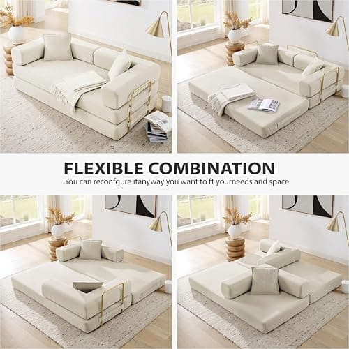 Vanress Convertible Folding Sofa Bed, Modern Futon Sleeper Sofa Fold Out Couch Bed with Gold Fixed Frame, Modular Floor Sofas Comfy Corduroy Boneless Couches for Living Room (78" Beige) thumbnail 5