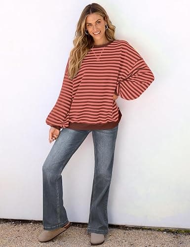 UEU Women Oversized Striped Crewneck Sweatshirt Long Sleeve Casual Pullover | Loose Fit Y2K Tops, Soft Sweatshirt Fabric, Color Block, Lounge Fall Streetwear, Workout Shirt thumbnail 5