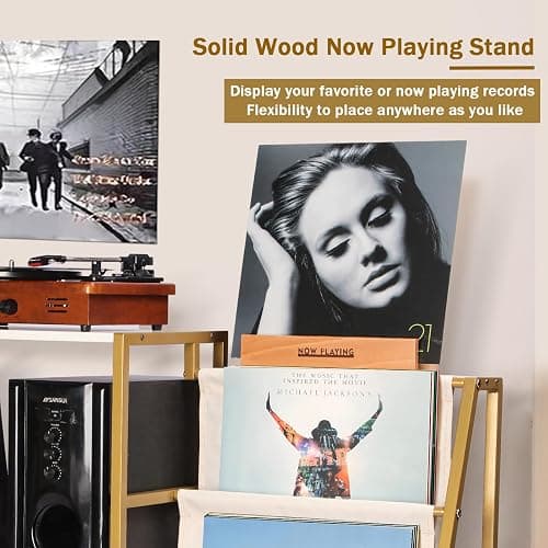 HYCFYJR Stand for Record Player, 3 Tier Vinyl Record Storage with Now Playing Holder, Turntable Stand, Vinyl Display with Speaker Storage for Living Room, Gold White thumbnail 4