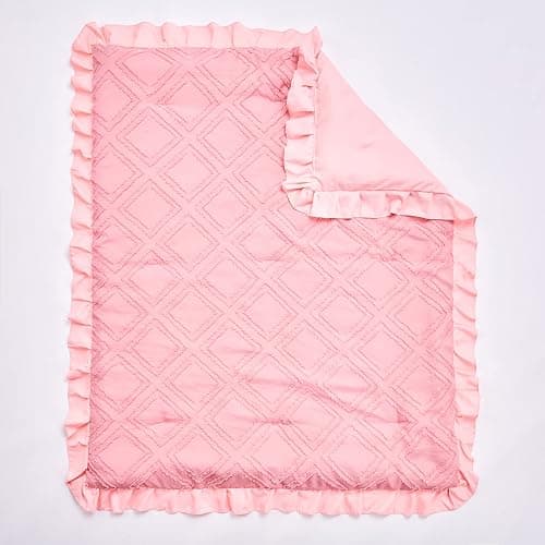Mini Crib Bedding Set 3 Pieces Baby Boho Quilted Tufted Ruffles Comforter with Fitted Sheet and Ruffled Bed Skirt - Cute Shabby Baby Bedding Fits Mini Crib Only Pink thumbnail 9