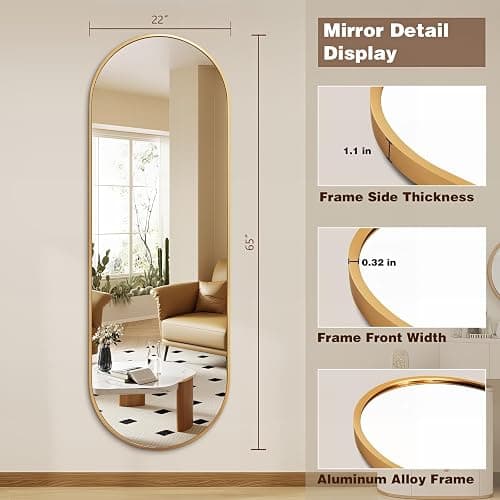Niccy 65"×22" Oval Full Length Mirrors, Long Wall-Mounted Mirror with Aluminum Frame, Large Body Mirrors for Living Room, Explosion-Proof Hanging Wall Mirror for Bathroom Bedroom Entryway Decor, Gold thumbnail 2