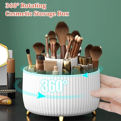 Bekeify 360° Rotating Makeup Organiser Makeup Brush Holder with 5 Compartments for Cosmetics Perfume Jewellery for Dressing Table Bedroom Bathroom Office White Stationery Storage thumbnail 5