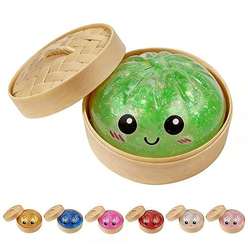 Dumpling Squishies, Glitter Dumpling Mystery Box, Colorful Dumplings Stress Balls Toy, Stocking Stuffers with Food Steamer Stretchy Desk Toys (Glitter Green) - Image 1