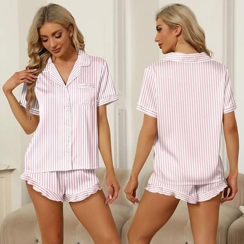 SAPJON Satin Silk Pajamas for Women 2Pcs Ruffle Notch Collar Sleepwear Button Down Short Sleeve Shorts Pjs Set Loungewear thumbnail 2