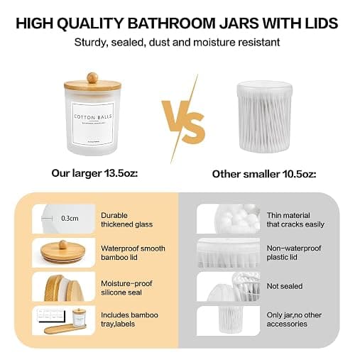 3 Pack Qtip Holder Bathroom Set with Tray,13.5oz Cotton Round Ball Pad Holder Cotton Swab Floss Pick Dispenser,Glass Apothecary Jars Canisters with Lids,Bathroom Organizers and Storage Container thumbnail 5