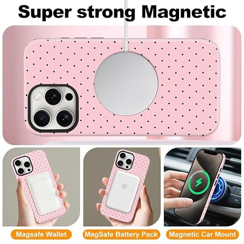 flewfun Magnetic for iPhone 15 Pro Max Case Cute Polka Dot Phone Case, Shockproof Slim TPU and Hard PC Protective Phone Cover Compatible with MagSafe Designed for Women Girls, Pink thumbnail 4
