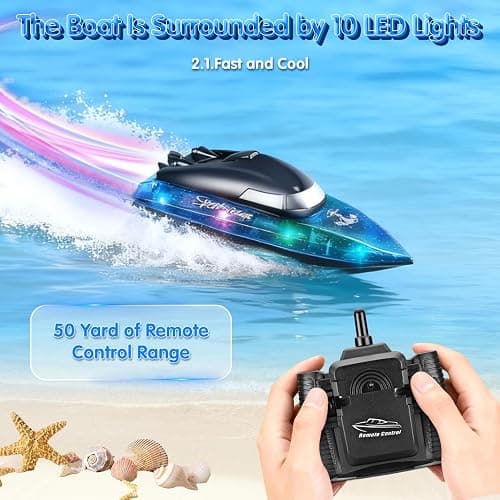 RC Boat with 1800mAh Battery, Transparent Remote Control Boat with 10 LED Lights, Auto Flip 2.4 GHz Double Waterproof Racing Speedboat Toy for Kids and Adults, Gift for Boys Girls for Lake & Pool thumbnail 7