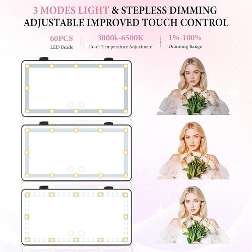 SINGARO Car Sun Visor Vanity Mirror - Rechargeable Makeup Mirror with 60 LEDs, 3 Light Modes & Dimmable Touch Control for Cars, Trucks, SUVs, Car Interior Accessories for Women (Black) thumbnail 2