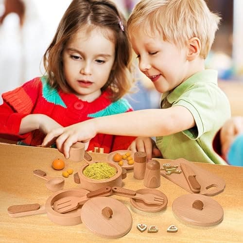 MONT PLEASANT Play Kitchen Accessories Montessori Wooden Toys | Kids Kitchen Set Cookware Plates Dishes Pots Pans Cooking Playset 15pcs Sensory Toys for Toddlers Girls Boys With Storage Bag thumbnail 2