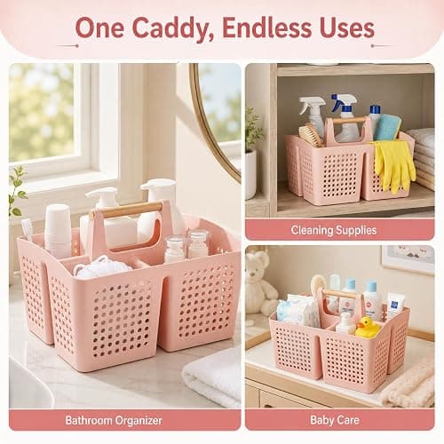 PAKCHOICE Portable Shower Caddy Basket with Wood Handle, 3-Compartment Bathroom Organizer Tote with Drain Holes, Plastic Shower Basket for Dorm, Toiletries, Cleaning Supplies, Pink thumbnail 7