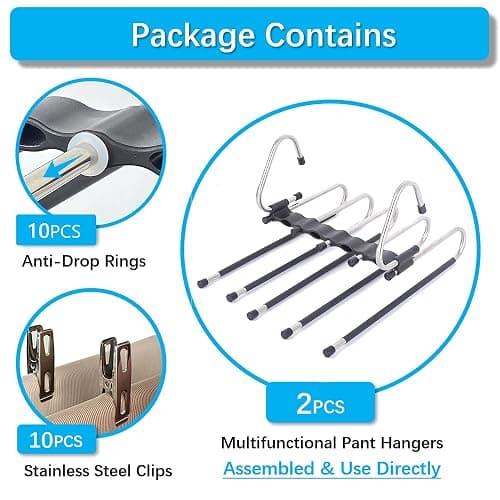 Magic Pants Hangers Space Saving - 2 Pack for Closet Multiple Layers Multifunctional Uses Rack Organizer for Trousers Scarves Slack (2 Pack with 10 Metal Clips) thumbnail 5