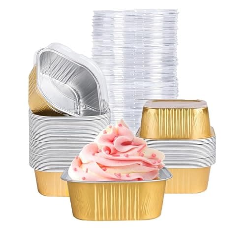40 Pack Mini Cake Pans with Lids, 5oz Square Aluminum Foil Brownie Baking Cups, Muffin Tin Ramekins, Disposable Dessert Cupcake Cups for Wedding Birthday Party, Gold - Image 1