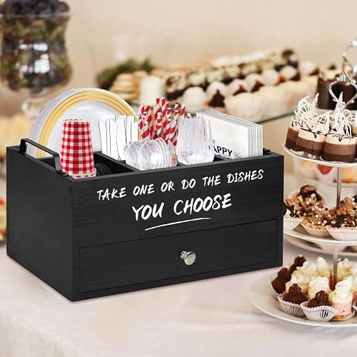 Paper Plate Dispenser with Drawer for Kitchen Countertop, Wooden Paper Plate Holder with Large Cup Holder, Rustic Wood Silverware Caddy Holder, Paper Plate Organizer Kitchen Accessories(Black-Drawer) thumbnail 6