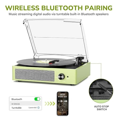 Vinyl Record Player Turntable with Built-in Bluetooth Receiver & 2 Stereo Speakers, 3 Speed 3 Size Portable Retro Record Player for Entertainment and Home Decoration(Orange) - Orange thumbnail 4