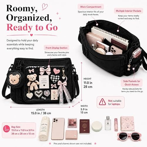 Inshere Ita Messenger Bag, Nylon Cute Pin Display Crossbody Bags Handbags Kawaii Shoulder Purse thumbnail 5