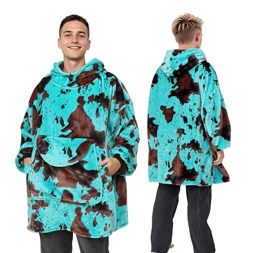 KIVEE Blue Cow Print Wearable Blanket Hoodie Oversized Fleece Sweatshirt Blanket with Giant Pocket Warm Cozy Hooded Blanket for Adult Cow Gifts for Women Men thumbnail 5