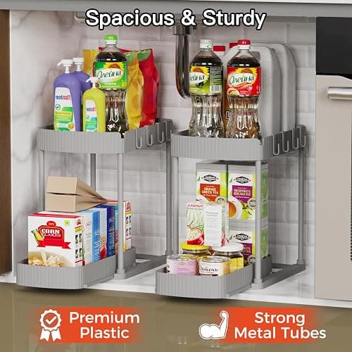Ukeetap 2 Pack Multi-Purpose Pull-Out Storage Organizers, Under Sink Organizers and Storage for Bathroom & Kitchen, Under Cabinet Organizers and storage, 12.8 Inch, Grey - Gray - 12.8 Inch thumbnail 3