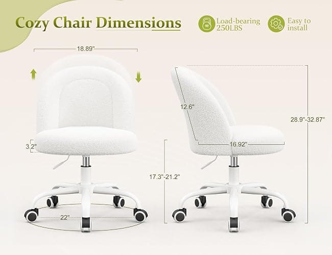 DurayLoly White Vanity Chair with Wheels, Cute Desk Chair with Back, Armless Office Chair Height Adjustable, Soft Lumbar Support for Small Space, Bedroom thumbnail 2