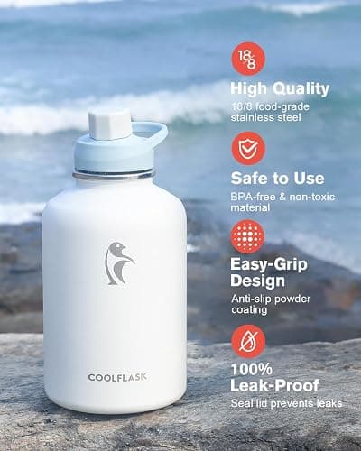 Coolflask 64 oz Water Bottle Insulated with PU Leather Sleeve, Half Gallon Water Bottle Color Contrast with Straw Lids, Stainless Steel Metal Large Water Jug, Keep Cold 48h Hot 24h,Glacier White thumbnail 7