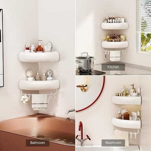 Voldra Corner Shower Caddy Suction Cup, Arc Shower Shelf Coner No Drilling Bathroom Coner Shelves Suction Shower Organiser Rack Adhesive Corner Caddy with Towel Bar Wall Mounted(2-Pack, White) thumbnail 6