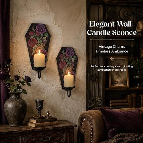 Gothic Coffin Wall Candle Sconce Set of 2, Dark Romantic Rose Thorn Backplate with Removable Trays for Taper & Pillar Candles, Gothic Decor for Living Room Bedroom, Year-Round Halloween Home Accent thumbnail 5