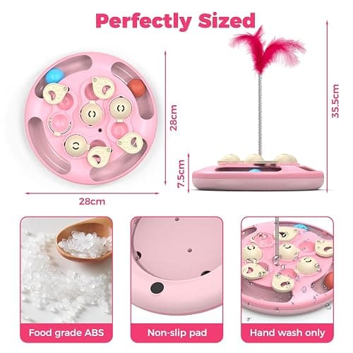 CGBD 3 in 1 Cat Treat Puzzle Feeder, Level 3 Interactive Cat Puzzle Toy with Track Balls, Feather Teaser & Slow Feeder Insert, Non-Slip Base, Mental Stimulation for Bored Indoor Cats, Pink thumbnail 6