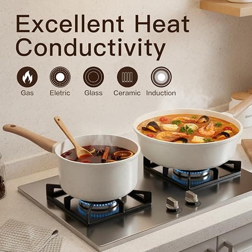 Pots and Pans Set Non Stick Non-Toxic 22 Pcs Ceramic Cookware Sets Nonstick Kitchen Pot&Pan With Lid Cream White Granite Induction Compatible with Glass Lids Crepe Frying Pan PFOA/PFOS-Free thumbnail 5