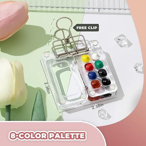 MUZMDNI Mini Watercolor Paint Set Portable, Travel Grid Paint Palette Box with Binder Clips Include Paint, Brush*3 and Picture Album Art Materials Coloring Markers (Brown Wood-S) thumbnail 6