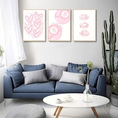3Pcs Trendy Pink Preppy Canvas Wall Art Light Pink Cute Girly Lips Lucky 8 Ball Hearts Paintings Pictures Wall Decor Coquette Poster Printing Artwork for College Dorm Room Bedroom Home Decoration thumbnail 8