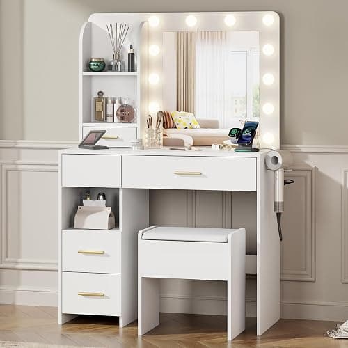 Furnivado Vanity Desk with Mirror and Lights, 3 Adjustable Lighting Makeup Vanity Desk with 3 Storage Shelves, 5 Large Drawers and Power Outlet, Vanity with Chair for Bedroom, White thumbnail 3