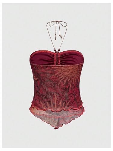 BEAUDRM Women's Y2k Hippie Vintage Boho Tops Gothic Mesh Tie Back Halter Going Out Top Western Fairy 2000s Clothing thumbnail 2
