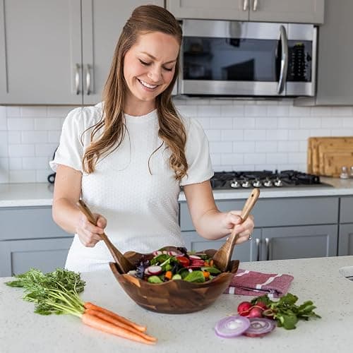 Wood Salad Bowl with Serving Utensils - Large Scalloped Decorative 12" Acacia Wooden Mixing Bowls Set with Spoons - Handcrafted Farmhouse Kitchen Serveware for Fruit, Pasta, Snacks and Home Decor thumbnail 2