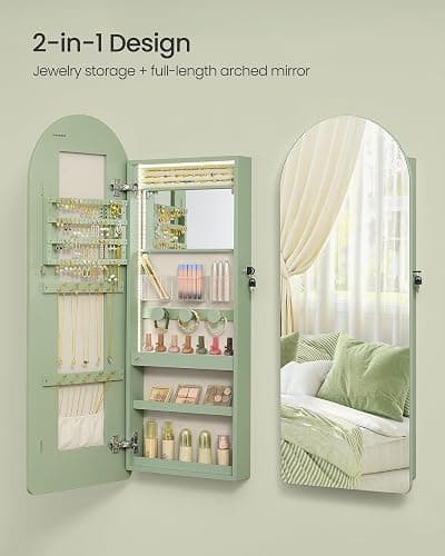 SONGMICS Wide Jewelry Organizer, LED Jewelry Cabinet Wall/Door Mounted, Arched Mirror with Storage, Lockable, Rounded Corner, Interior Mirror, 3.9 x 16.5 x 42.5 Inches, Laurel Green UJJC020C01S thumbnail 5