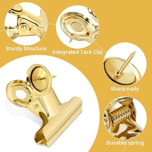Golden Push Pins Clips (30 Pcs), Upgraded Thumb Tacks with Metal Clips for Cork Board, Bulletin Board Photos Notes Documents, No Hole Paper Clips Durable Office and School Supplies with Stronger Glue thumbnail 7