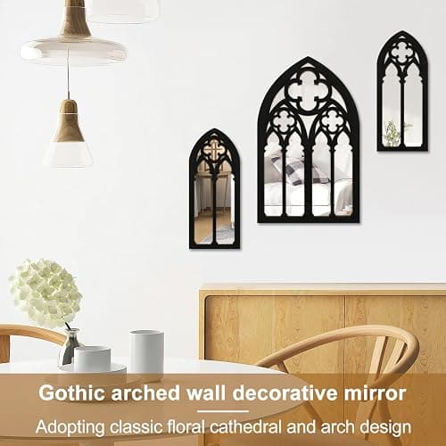 3Pcs Gothic Mirrors Wall Decor, 11.8" Arched Decorative Mirror Wall Mounted Goth Room Decor Vintage Cathedral Window Mirror Indoor Wood Framed Entry Mirror Living Room Bathroom (Model D (3 flowers)) thumbnail 8