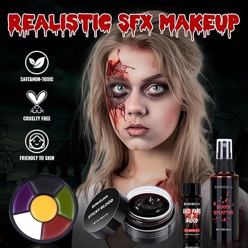 Special Effects SFX Halloween Makeup Kit - Bruise Makeup Face Body Painting Palette, Scar Wax, Liquid Latex, Fake Blood Splatter Spray, Coagulated Blood Gel, Stipple Sponges, Cotton Swab thumbnail 3