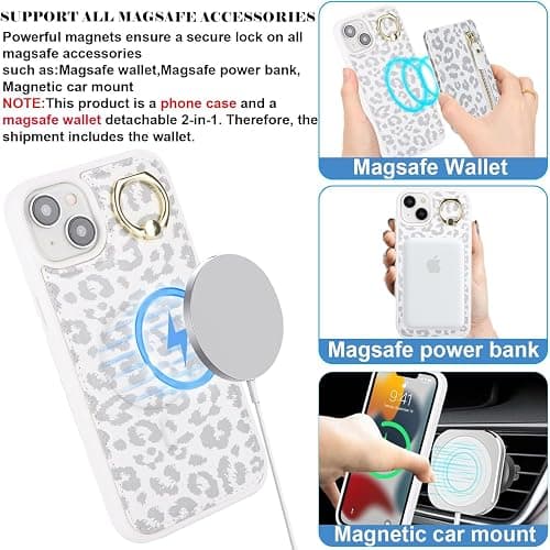 DEYHU for iPhone 13 Mini Phone case with Card Holder with Compatible magsafe Magnetic, Key Chain PU Leather Flip Kickstand Detachable 2-in-1 Wallet case for Apple13Mini Women Men-White Leopard thumbnail 2