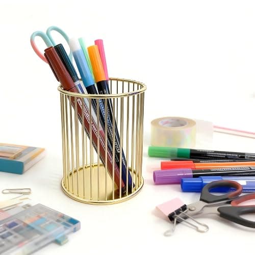 JESANWOO Gold Metal Pen Holder with Open-Grid Design – Stainless Steel Desk Organizer for Pens, Makeup Brushes & Pencils – Breathable, Rustproof, 3x3x3.9 Inch – Home Office, Vanity & Bathroom thumbnail 4