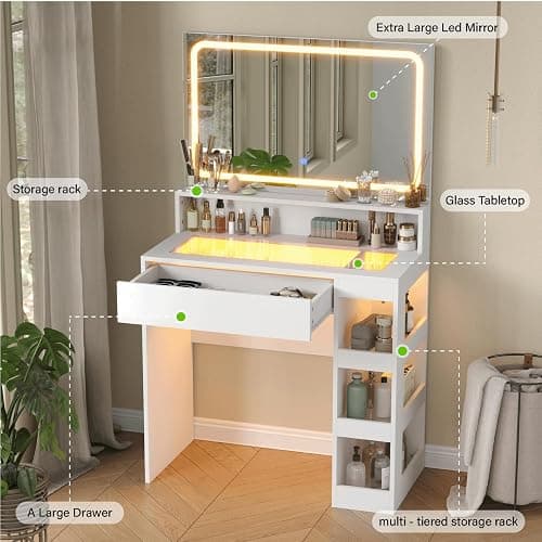 HuaYing Makeup Vanity Desk with Mirror and Lights, LED Tempered Glass Top, 3 Lighting Modes Brightness Adjustable,Power Outlet,Bedroom Dressing Table, Snow White thumbnail 6