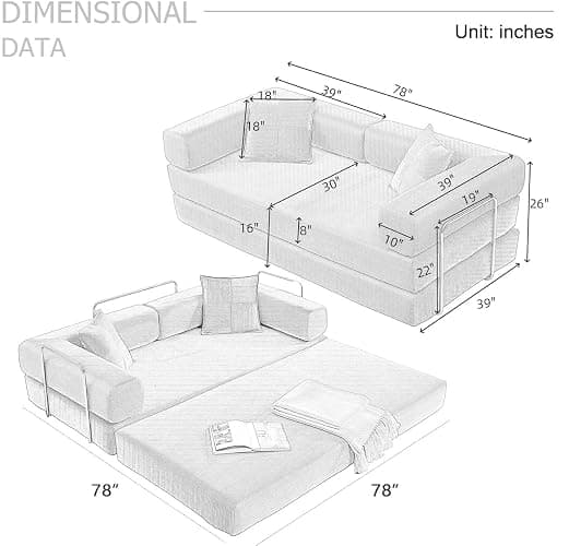 4-in-1 Folding Convertible Sofa Bed, 78 Inch Boneless Couch with Fixed-Shape Frame, Corduroy Loveseat Sleeper with Pull Out Bed, Floor Sofa Modular Futon Couch for Living Room Bedroom Lounge (Beige) thumbnail 2