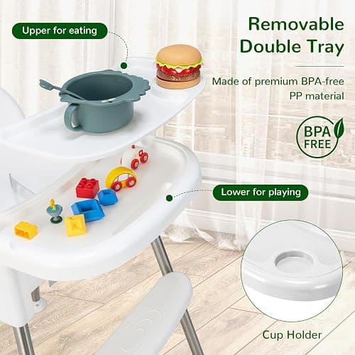 HONEY JOY Baby High Chair, 4 in 1 Convertible Highchair for Babies and Toddlers, Adjustable Legs, Double Removable Tray & Footrest, 3-Point Safety Harness for Infants Boys Girls (White) thumbnail 4