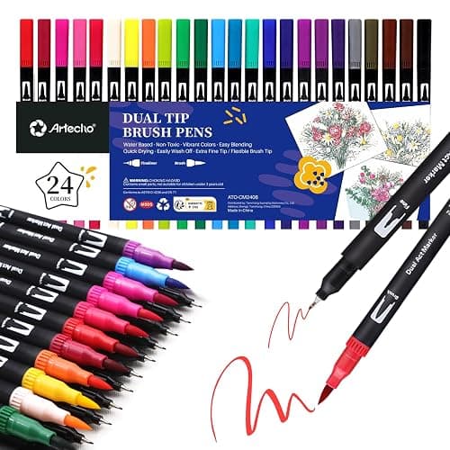 Artecho 24 Dual Tip Brush Pens,Colouring Pens brush pens for Adult,Colouring Books,Calligraphy,Drawing,Sketching, nylon tip for Artists,Beginners - Image 1
