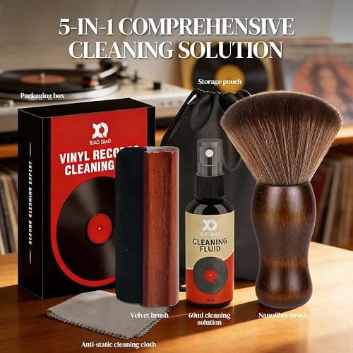 Vinyl Record Cleaner Kit - Complete 5-in-1 Vinyl Records Cleaning Kit Includes Soft Velvet Record Brush, Cleaning Liquid, Anti-Static Nano Fiber Record Cleaning Brush, Cleaning Cloth and Storage Bag thumbnail 2