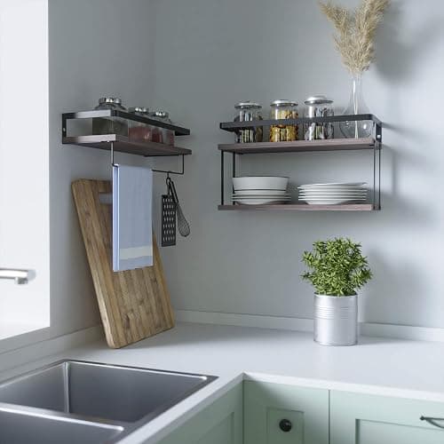 RICHER HOUSE 2+1 Tier Wall Mounted Floating Shelves Set of 2, Rustic Wood Shelf with Metal Frame, Extra Storage Rack for Bathroom, Kitchen, Bedroom with Tissue Rack & Towel Bar - Rustic Brown thumbnail 6
