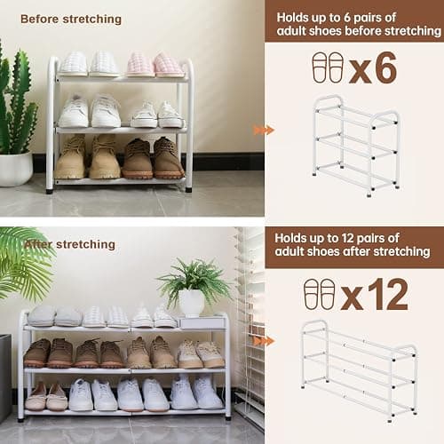 Gonfoam Shoe Rack for Closet, Expandable Shoe Organizer Storage Shelf, Adjustable Metal Free Standing Small Closet Shoe Rack for Entryway, Doorway (3-Tier White) thumbnail 6