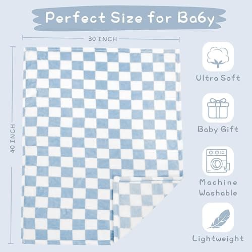 Yurhap Checkered Baby Blanket Fleece Baby Blankets for Boys, Ultra Soft Cozy Fluffy Infant Toddler Newborn Receiving Blankets for Crib Stroller, 30''x40'', Blue thumbnail 3