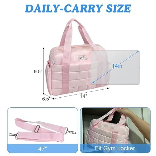 Wolt Small Gym Bag for Women, 14 inch Crossbody Gym Duffle Bag with Wet Compartment, Quilted Tote for Sports Travel Weekender, Pink thumbnail 3