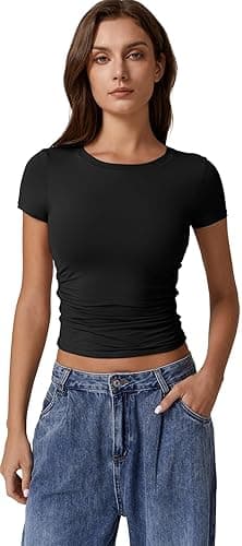 QINSEN Short Sleeve Shirts for Women Round Neck Basic Double Lined Tees Fitted Y2k Crop Tops thumbnail 4