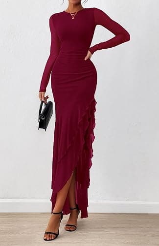BTFBM Women's Maxi Dresses Spring 2026 Long Sleeve Ruched Bodycon Solid Ruffle Mermaid Cocktail Wedding Guest Dress thumbnail 7
